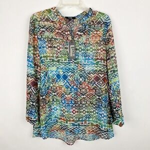 Lior Paris Women Geometric Tribal Print Split V-Neck Popover Top Aqua Size M NEW